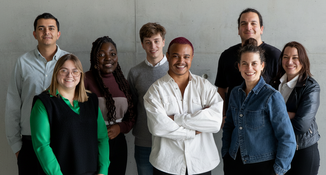 Portrait de groupe de huit collaborateurs souriants posant devant un mur neutre, illustrant une équipe diverse dans un contexte professionnel.
