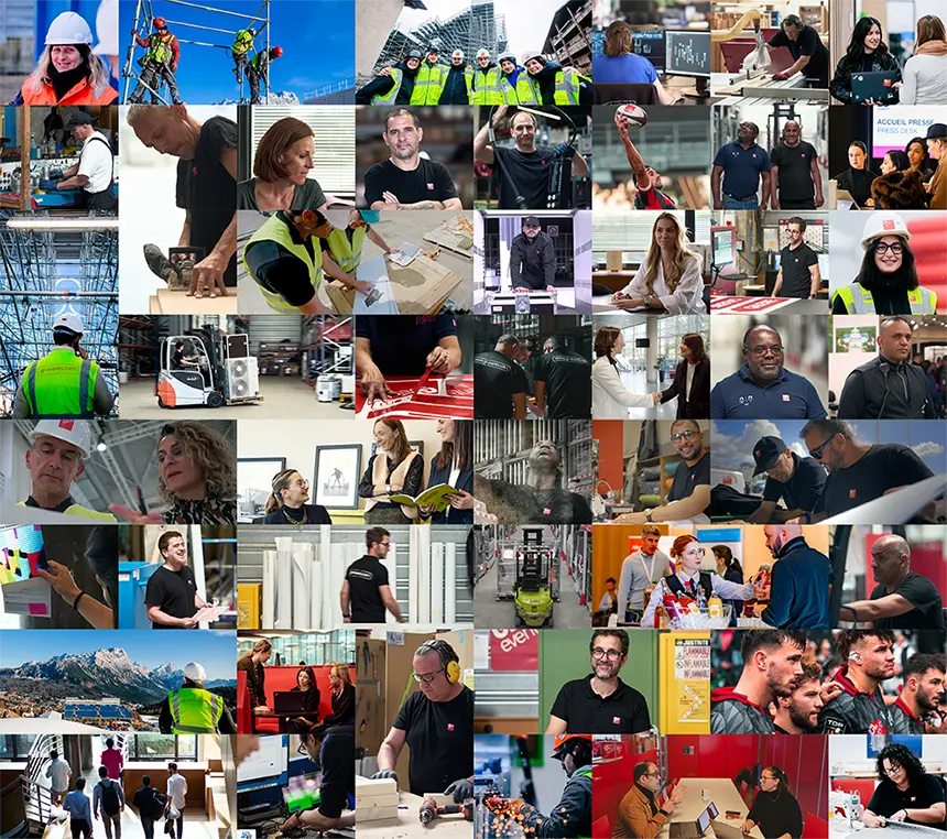 Une mosaïque de photos illustre la diversité des métiers et des équipes, entre chantiers, ateliers, bureaux et événements.
