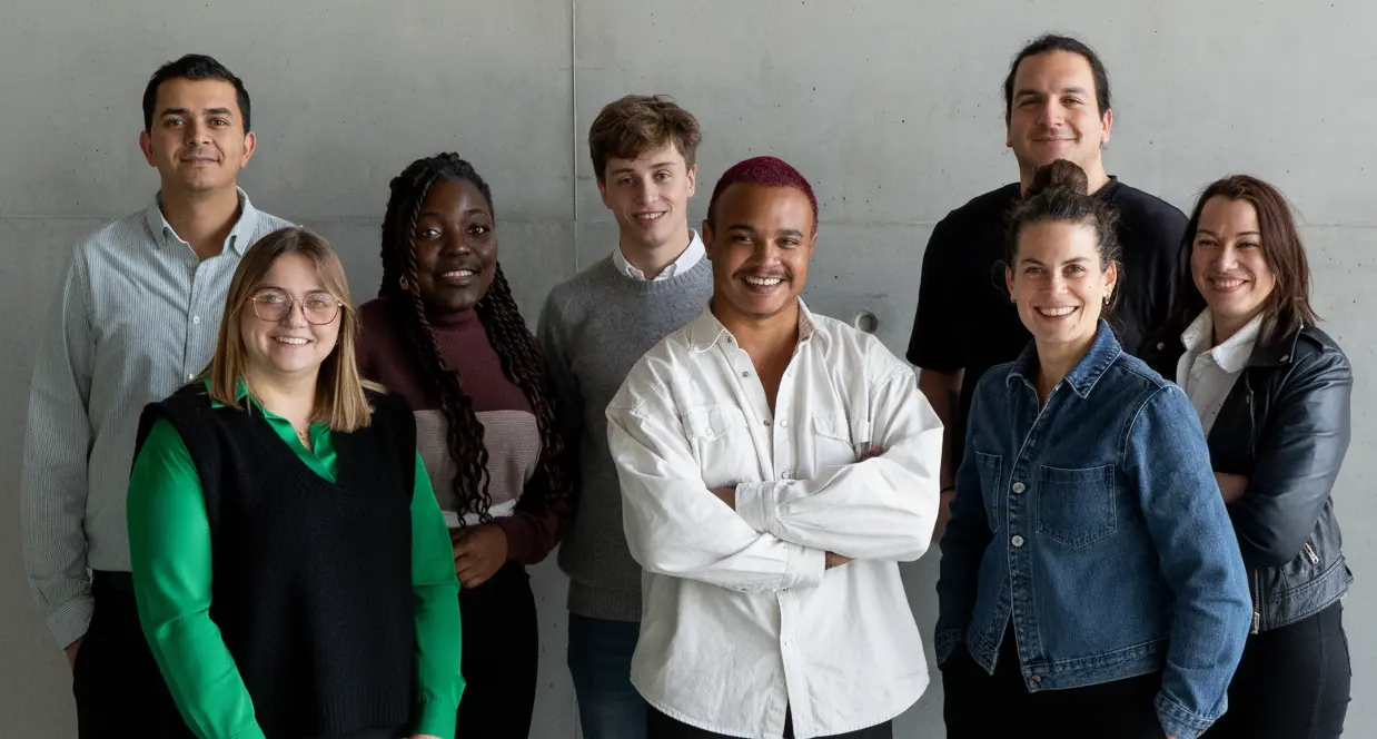 Portrait de groupe de huit collaborateurs souriants posant devant un mur neutre, illustrant une équipe diverse dans un contexte professionnel.