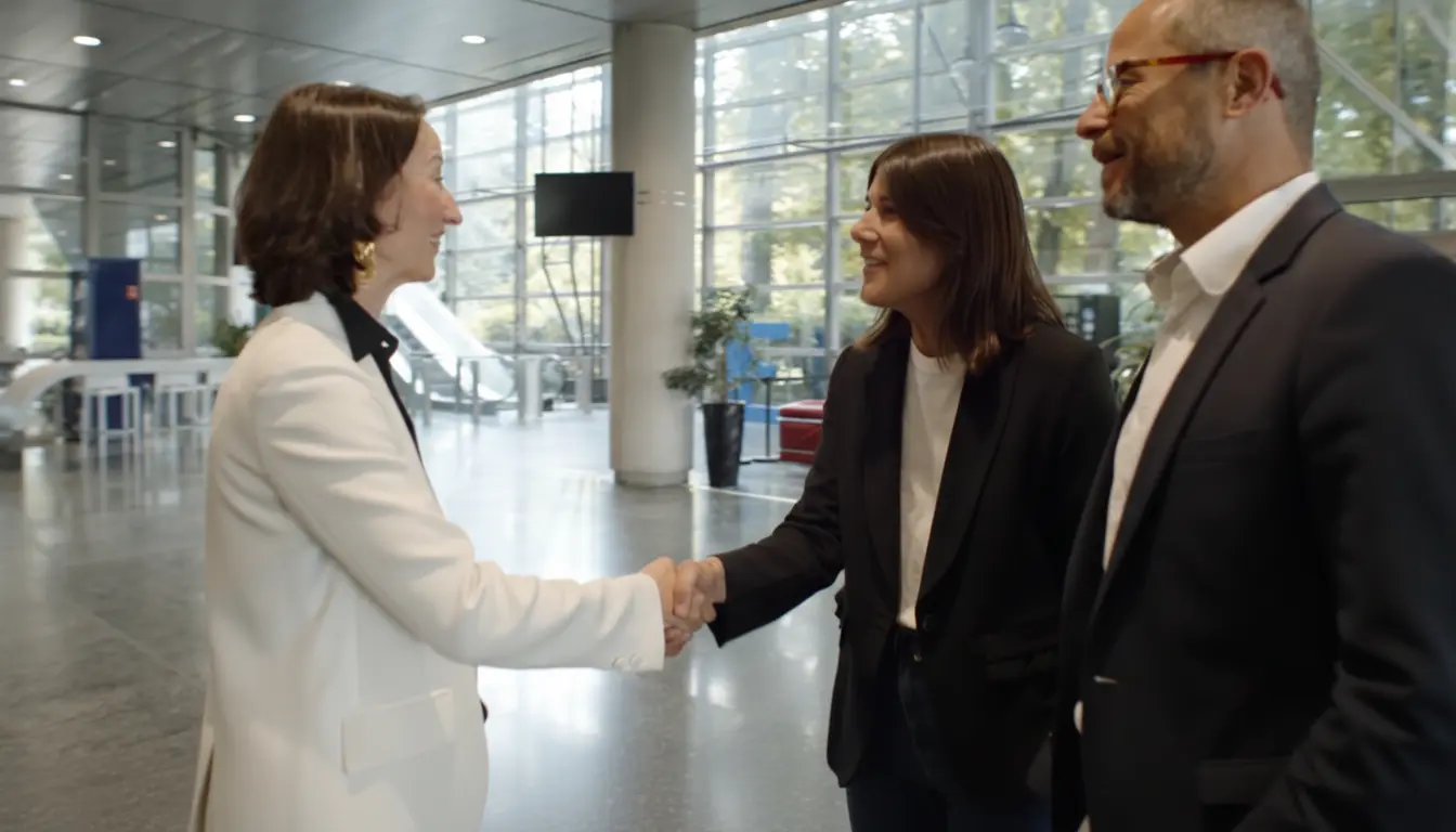 Trois professionnels en tenue formelle se saluant et échangeant une poignée de main dans un hall lumineux, illustrant une rencontre ou un partenariat.