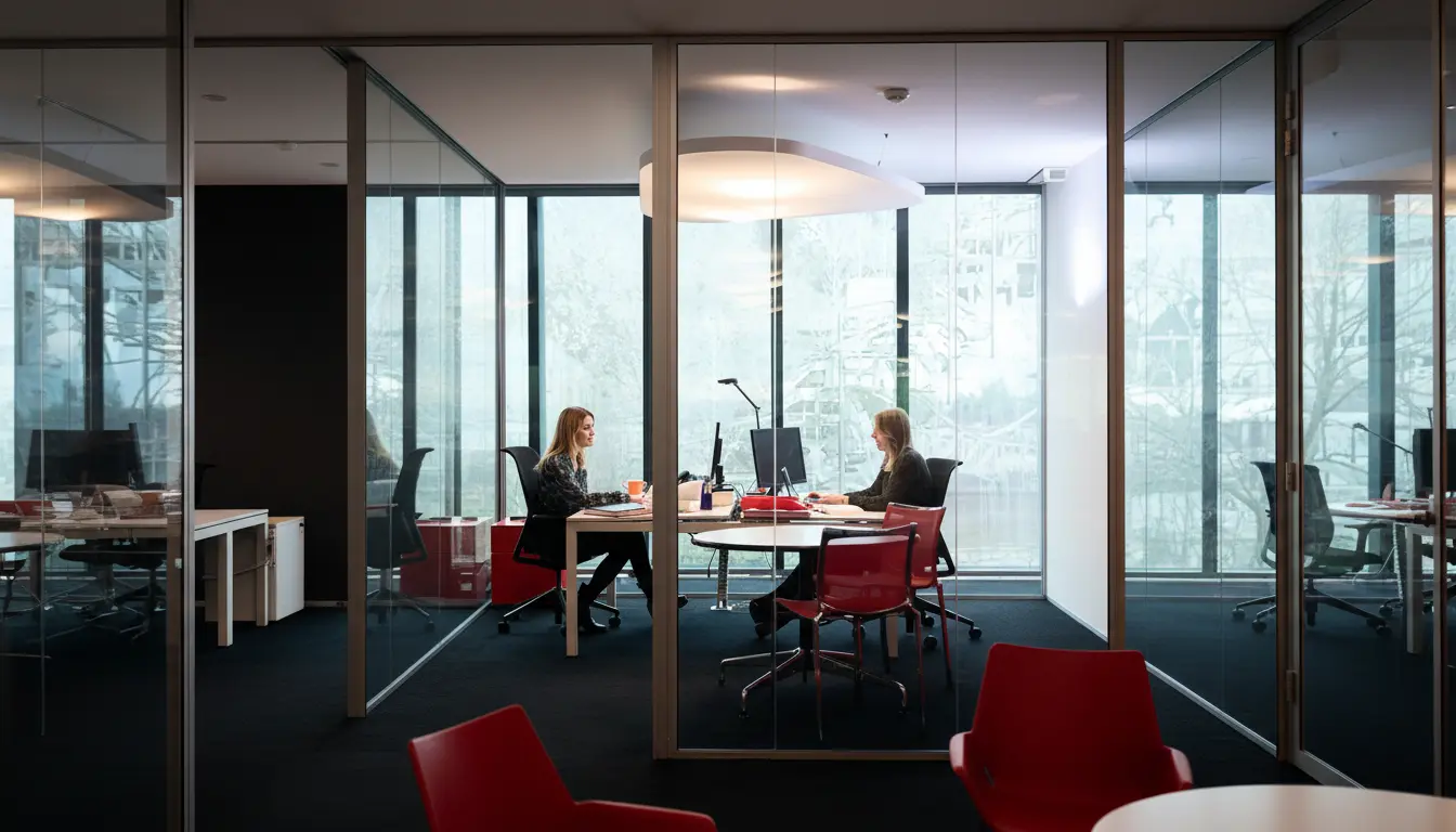 Une collaboratrice travaille à son poste dans un bureau moderne, concentrée sur son ordinateur. Sur le bureau, une tasse rouge siglée GL events apporte une touche de marque, tandis que l’environnement vitré et lumineux reflète un cadre professionnel contemporain et organisé.