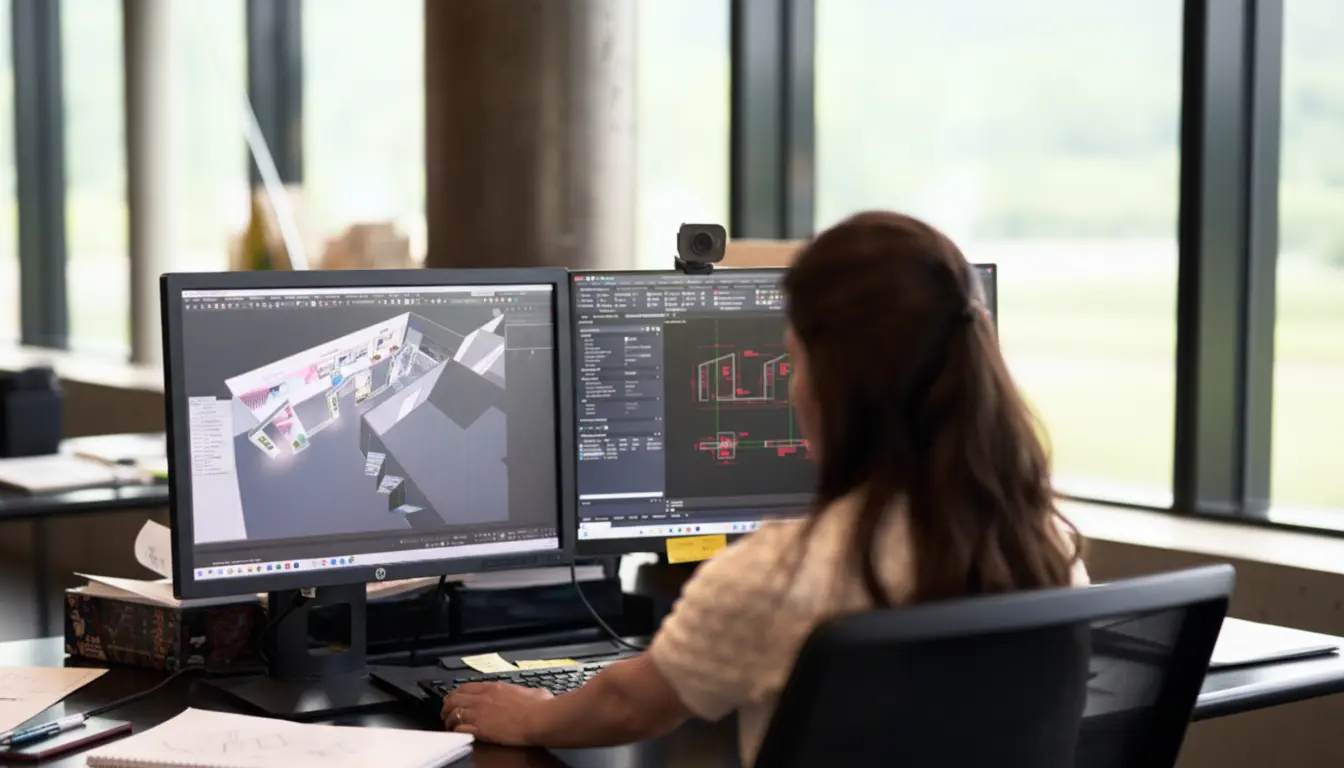Professionnelle travaillant sur ordinateur avec deux écrans affichant des plans techniques et une modélisation 3D, dans un environnement de bureau.