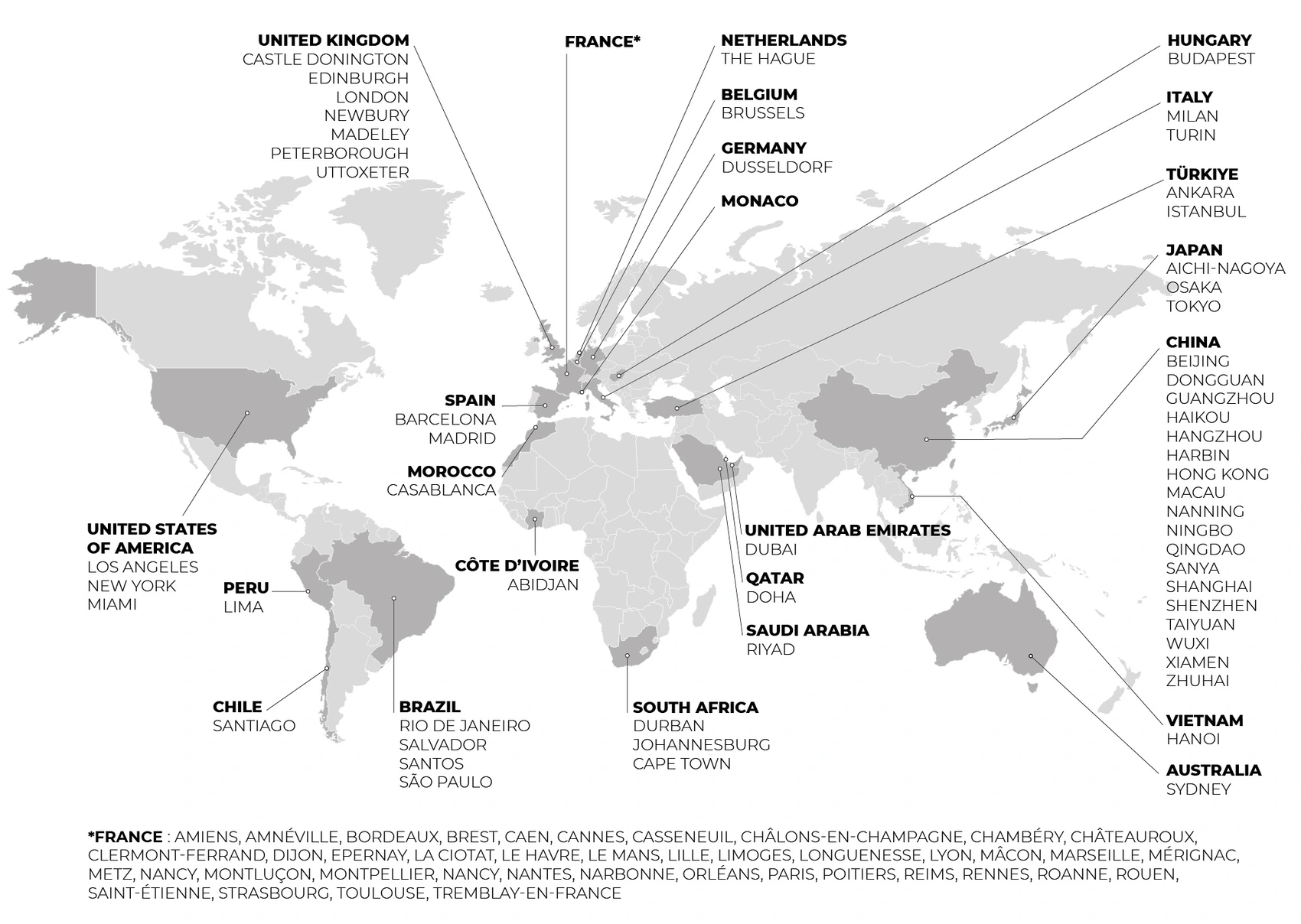 Carte des implantations mondiales de GL events